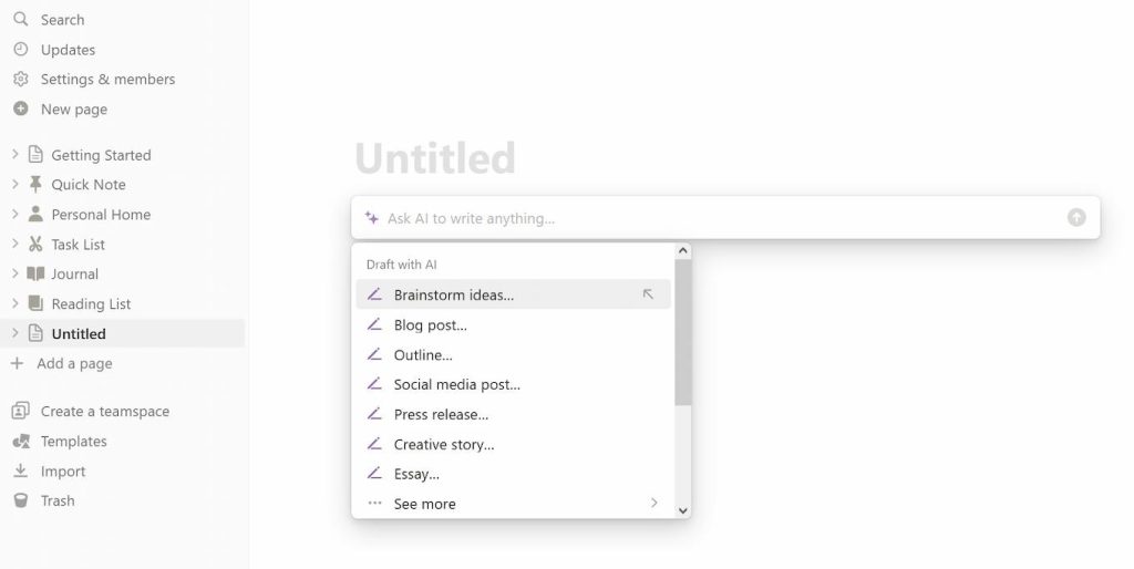 Notion AI 開啟AI命令列